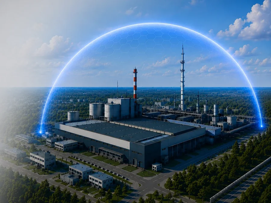Аэросъёмка промышленного объекта под защитным куполом РЭБ